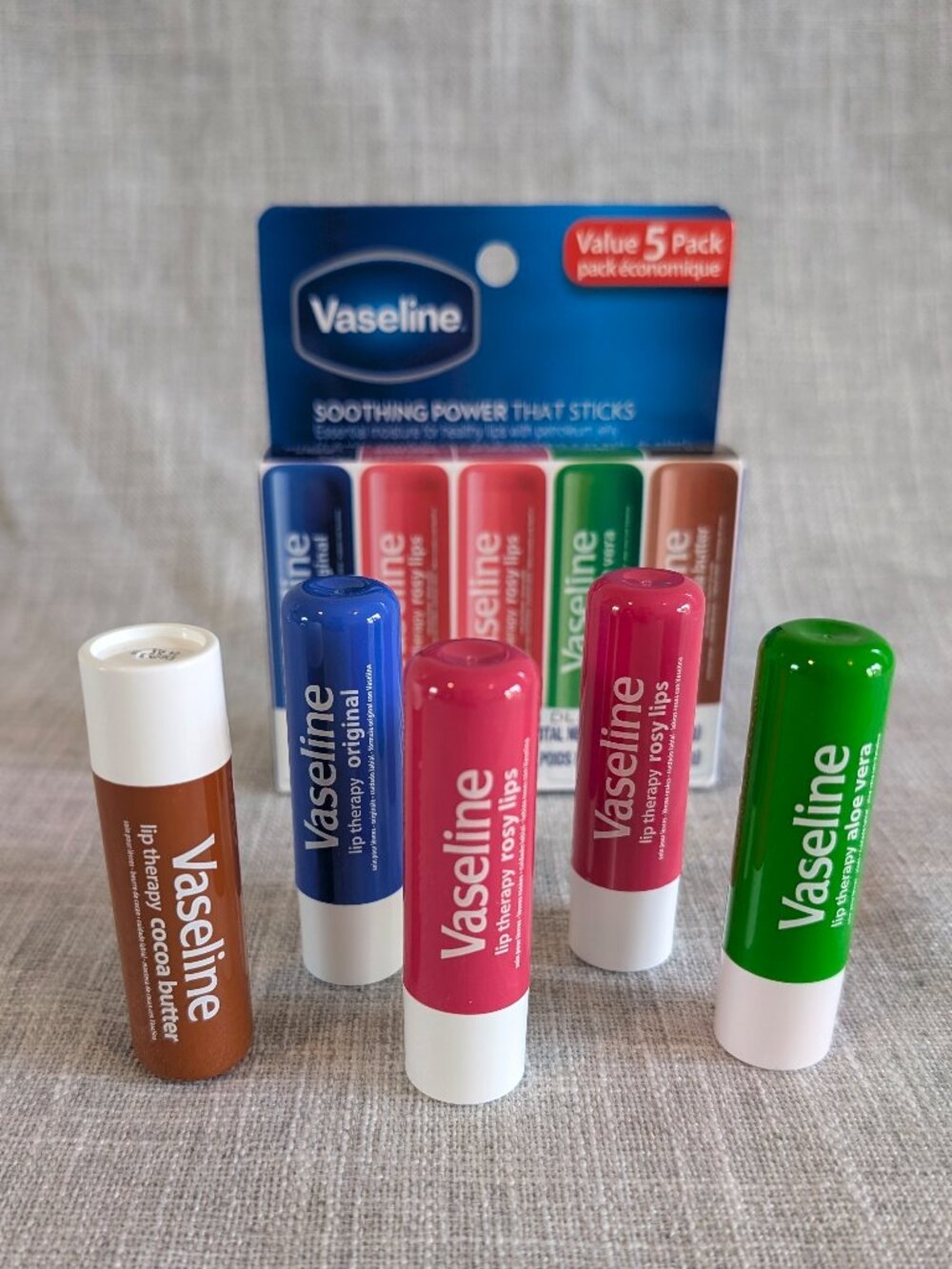 Vaseline Lip Therapy 5 Pack Lip Balm Rosy (2), Aloe Vera, Cocoa Butter, Original